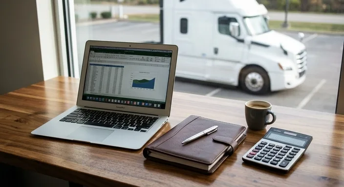 A professional home office desk setup with a laptop and business notebook, overlooking a parked semi-truck through a window.