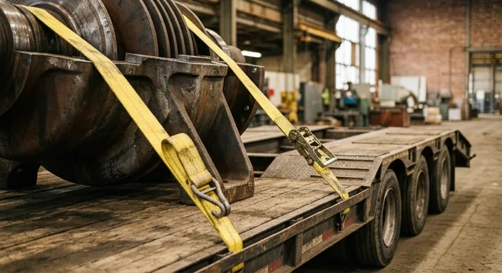 Close-up of heavy industrial turbine machinery secured on a multi-axle flatbed trailer with yellow straps.
