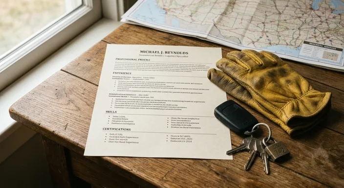 A professional truck driver resume on a wooden desk next to truck keys and leather driving gloves, captured in soft natural light.