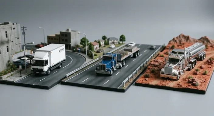 A professional diorama showing three miniature trucks representing local delivery, regional hauling, and over-the-road trucking in city, suburban, and desert environments.