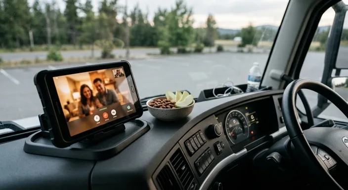A close-up 45-degree shot of a truck dashboard featuring a tablet and a bowl of healthy snacks in soft natural light.