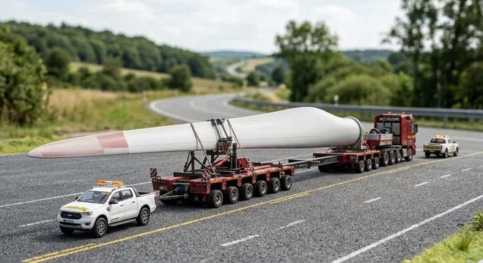 A high-detail scale model setup showing an oversize wind turbine blade being transported by a specialized truck and pilot cars.