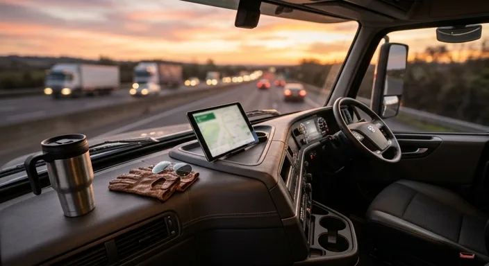 A digital tablet, leather driving gloves, and sunglasses on a modern truck dashboard during a sunset.