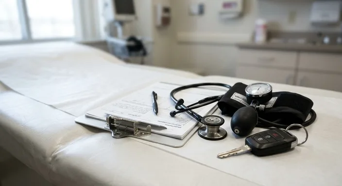 A medical clipboard, stethoscope, and truck keys on a clinical examination table under soft light.