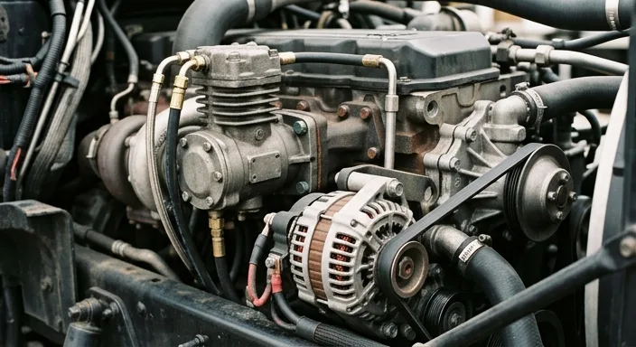 Detailed close-up of a semi-truck engine compartment showing the air compressor, alternator, and water pump for a pre-trip inspection.
